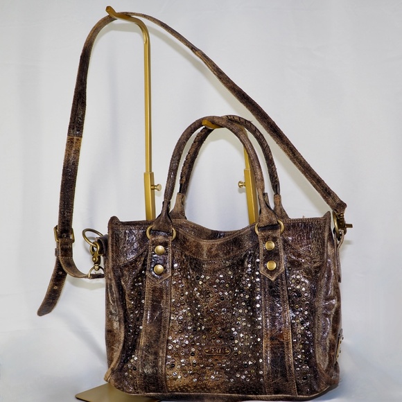FRYE Deborah Studded Handbag Satchel – Brown Distressed Italian Leather - Picture 4 of 8